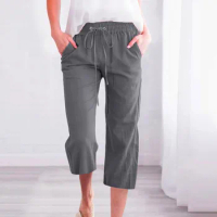 New Summer Women Linen Long Pants High Waist Straight Pants Drawstring Elastic Wide Leg Trousers Long Pants With Pockets