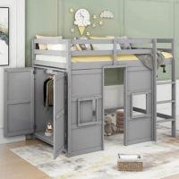 Playful Design bed，Wood Twin Size Loft Bed with Built-in Storage Wardrobe and 2 Windows,No Box Spring Required， Gray