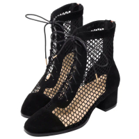 【Ann’S】狩獵風格-異材質拼接絨質網狀綁帶短靴5cm(黑)