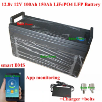 12.8v 12V 100Ah 130AH 120ah 150Ah LiFePO4 LFP Battery smart BMS 60A App bluetooth for Boat motor Solar Energy ups + 10A charger