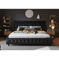 King Size Bed Frame/Faux Leather Upholstered Bed Frame with Adjustable Headboard, Box-Tufted Platform Bed Frame