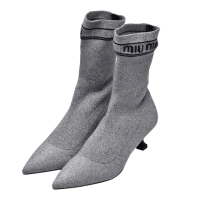 【MIU MIU】經典品牌LOGO細跟襪套中筒靴(銀色5W4294-SILVER)