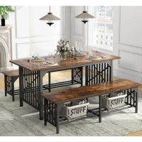 3-Piece Dining Table Set for 4-6 People, 63" Dining Room Table with 2 Benches, Industrial Rectangular Dining Room Table Set