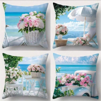 Sarung Baling Sarung Cetak Bunga Pantai Laut Biru, Item Hadiah, 45X45cm, Sesuai untuk Sofa, Perabot