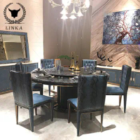 Italian style light luxury dining table marble round dining table with turntable dining table and chair combination villa snake
