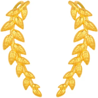 Pure 24K Yellow Gold Earrings Women 999 Gold Feather Long Dangle Earrings