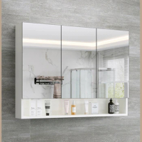 Nordic Solid Wood Bathroom Mirror Cabinet Storage Integrated Bathroom Mirror Box with Light Toilet Wall-Mounted Mirror Shelf