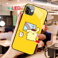 Kawaii Purin Luminous Tempered Glass phone case For Apple iphone 13 14 Pro Max Puls Luxury Fashion RGB LED Backlight new cover