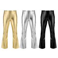YiZYiF Men Shiny Metallic Disco Pants Bell Bottom Flared Long Pants Dude Costume Trousers Men's Flare Pants Flared Bell Pants
