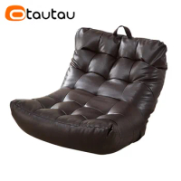 OTAUTAU Leather Bean Bag Chair with Filling Foldable Lazy Floor Sofa Tatami for Bedroom Living Room Black and Brown