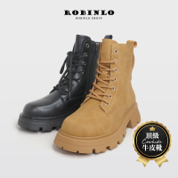 【Robinlo】極致酷感真皮鋸齒綁帶機車靴短靴中筒靴ALYSE(個性黑/原野棕)
