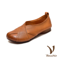 【Vecchio】真皮跟鞋 低跟跟鞋/全真皮頭層牛皮舒適圓頭復古交叉設計低跟鞋(棕)