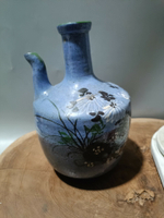 日本回流瓷器陶器古董明治時期綠釉壺手繪蘭花菊紋圖，清代老瓷器