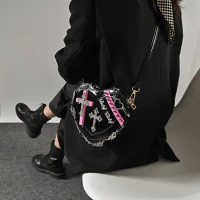 Gothic Style Women's Bag 2023 New Cross Decorate Girls Heart-Shaped Bag Characterful Rivet Punk Shoulder Purse Moto &amp; Biker Bags