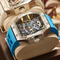 JINLERY Tonneau Richard Men's Watch Spider Edition Automatic Mechanical Movement Watch for Men Luxury Rubber Strap reloj hombre