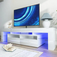 White LED TV Stand for 50/55/60/65/70 TV, High Gloss Gaming Entertainment Center with Drawers and Open Shelves, TV Console Table