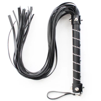 48CM Black Premium PU Leather Horse Whip for Horse Training, PU Leather Inlay Crystal Rivet Handle with Wrist Strap