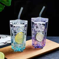 【Dkon】 300ml Straw Tumbler Glass Star Drinking Cups with Straw Pentagonal Coffee Milk Juice Glass Pl