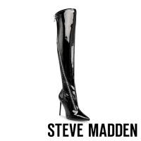 【STEVE MADDEN】VINDICATE 漆皮側拉鍊尖頭高跟過膝靴(黑色)