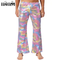 Mens 70s Disco Pants Stage Performance Costumes Elastic Waistband Bell Bottom Flared Pants Shiny Sequins Long Pants