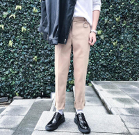 FINDSENSE品牌 時尚潮流 男 簡約 純色 鐵環裝飾 休閒褲 九分褲 小西褲