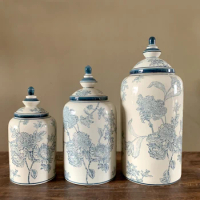Ceramic Vase New Chinese Style Flower Pattern Antique Blue and White Porcelain Vase Living Room Vase Storage Tank with Lid