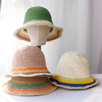 2024 new Womens Straw Hats crochet hat bucket hat UV Protection Sun Visor beach hat Women Visors rainbow Women Summer hat Cap