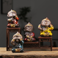 創意紫砂齊天大圣擺件茶室猴子擺設四不萌猴博古架裝飾品魚缸造景