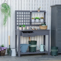 Grey Potting Bench Table, Garden Work Bench, Outdoor Wooden Workstation with Tiers of Shelves and Drawer for Patio, Courtyards