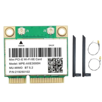 MPE-AXE3000H WiFi Card+Dual Antenna WiFi 6E 2400Mbps Mini PCI-E for BT 5.3 802.11AX 2.4G/5G/6Ghz Wlan Network Card