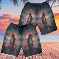 Japanese Samurai Beach Shorts Harajuku Fashion Short Pants For Men Hawaiian Trunks Warrior Trousers Knight Cat Ghost Boardshorts