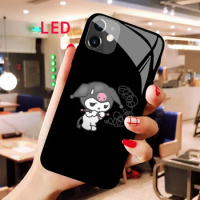 Luminous Tempered Glass phone case For Apple iphone 13 14 Pro Max Puls mini Kuromi Kawaii Luxury Fashion RGB LED Backlight cover