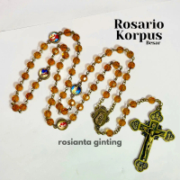Rosario Korpus Besar Katolik | rosario Manik Kristal Coklat Emas | Salib Yesus Detail Besar & Kokoh 