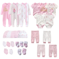 0-3-6 Months Newborn Girl Pink Set 27Pcs Rompers+Bodysuits+Pants+Hat+Gloves+Socks Baby Boy Cotton Clothes Suit Infant Birth Gift