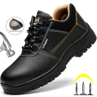 Steel Toe Safety Shoes Men PU Leather Men Work Shoes Anti-Puncture Indestructible Shoes Safety Boots Male Anti-Slip Work Boots
