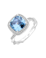 Merii แหวนเงินชุบโรเดียมประดับ Synthetic Aquamarine Spinel ทรง Cushion และเพชร CZ