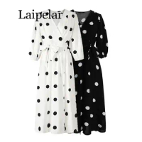 Laipelar black white polka dot dress v neck 3/4 sleeve maxi long dress summer casual chiffon sash