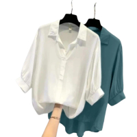 Baju Kemeja Putih Atasan Kerja Wanita Casual - Ziva Top Blouse - Kemeja Basic Korean Style V-Neck Po
