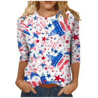 Women'S Fashion Casual Seven-Point Sleeve Independence Day Print Crewneck Top Summer Clothes For Women Camisetas Mujer Y2k Cloth