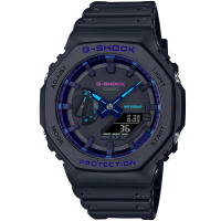 【CASIO 卡西歐】G-SHOCK 八角錶殼耐衝擊運動雙顯腕錶/黑x藍指針(GA-2100VB-1A)