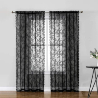 Black Floral Lace Sheer Rod Pocket Curtain Window Drape Attractive Dustproof Long Lasting Floral Patterned Curtain Home Supplies