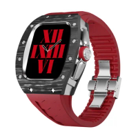 AZMAX 44/45mm Carbon Fiber Watch Case For Apple Watch Series 8 7 Fluorine Rubber Band For iWatch SE 6 5 4 Men Sports Wrist Strap