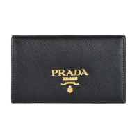 【PRADA 普拉達】PRADA金屬浮雕LOGO十字紋防刮牛皮3卡釦式翻蓋卡片夾(黑)