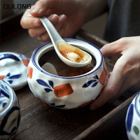 日式釉下彩手繪碗 蒸蛋盅創意小湯碗 帶蓋碗 甜品碗家用碗