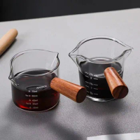 Fine Espresso Small Glass Measuring Cup Single Double Spout Coffee Milk Sauce Dispenser With Wooden Handle