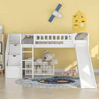 Kids Twin Low Loft Bed Slide Stairs Storage Guardrails Pine Frame Boys Girls White Loft Bed Frame