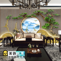 3d立體新中式墻紙大堂迎客松山水壁畫茶室背景墻酒店會所裝飾壁紙