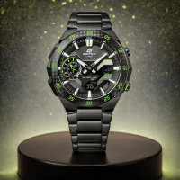 【CASIO 卡西歐】EDIFICE 賽車方格旗 太陽能藍芽手錶-黑x綠色 畢業禮物 送禮(ECB-2200RC-1A3)
