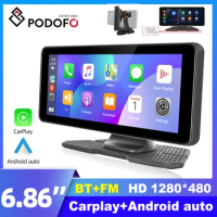 Podofo 6.86" Wireless CarPlay Android Auto Car Monitor Multimedia Video Player Mirror GPS Navigation Rearview Camera Dashboard