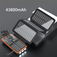 43800mAh Wireless Solar Power Bank PD 20W Two-Way Fast Charging Powerbank Built in Cable for iPhone 15 Samsung S23 Huawei Xiaomi